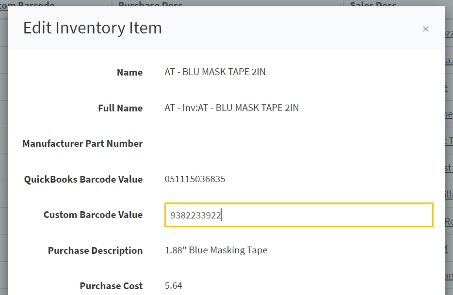 Screenshot of Custom Barcode Value in BRIZBEE