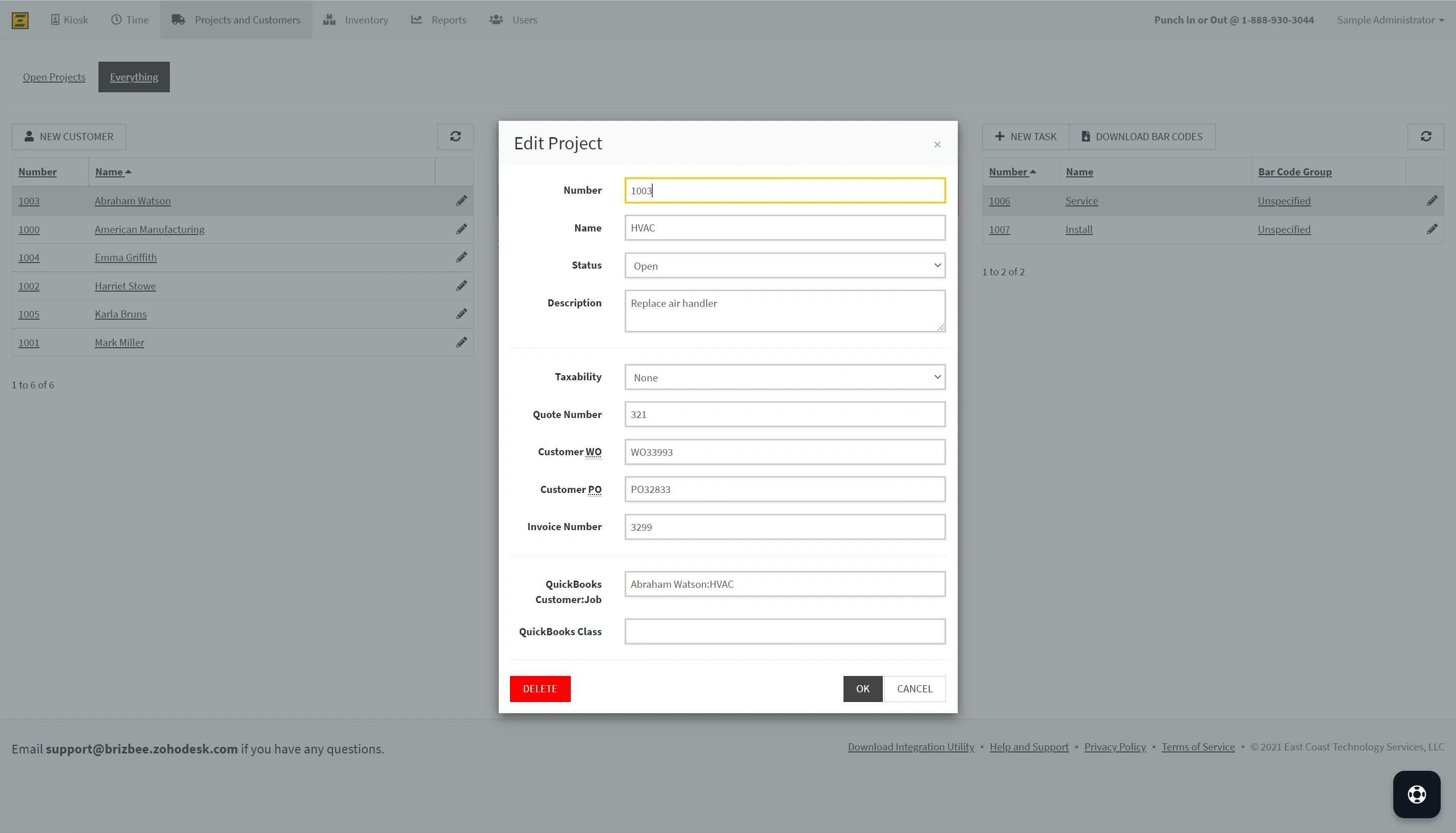 Screenshot of Project Dialog in BRIZBEE Dashboard