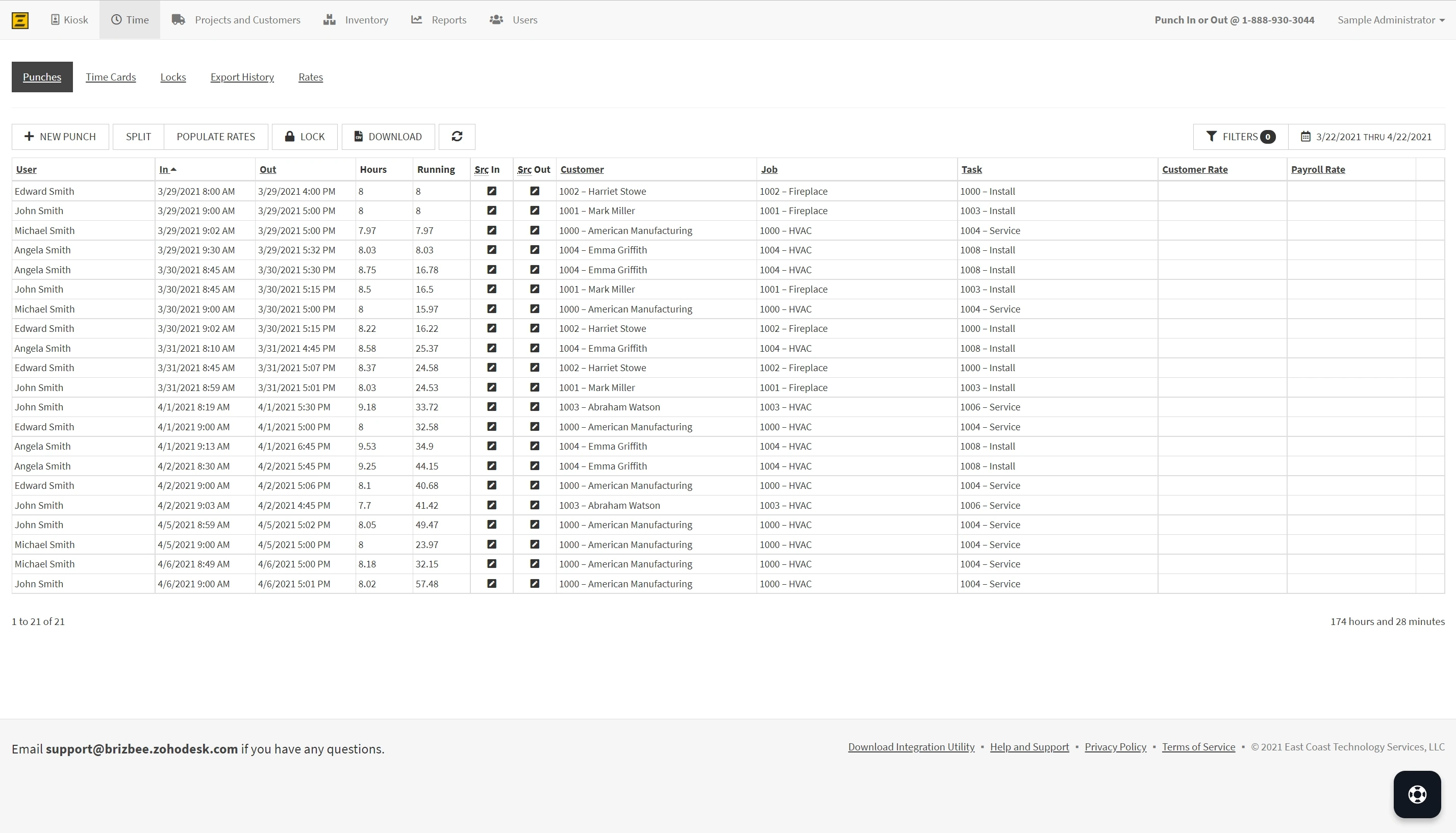 Screenshot of Punches Tab in BRIZBEE Dashboard